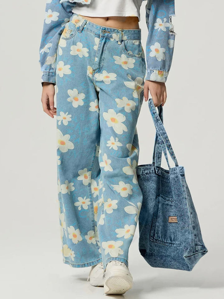 Pocketed Floral Wide Leg Jeans for Stylish Comfort