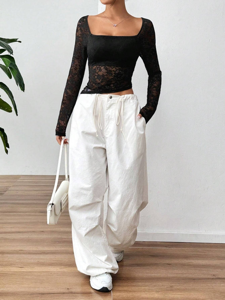 Square Neck Long Sleeve Lace Top for Elegant Women