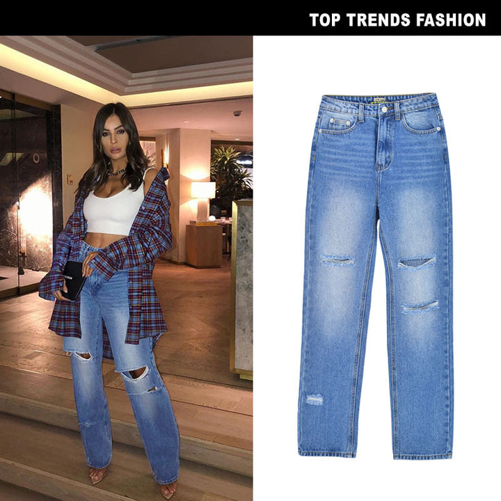 Trendy Distressed High-Waisted Loose-Fit Denim Pants