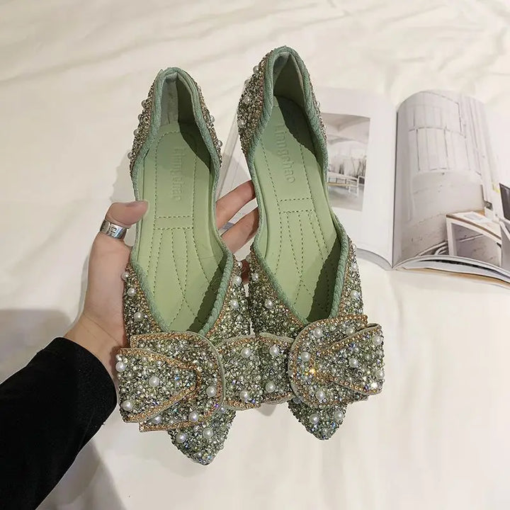 Sparkling Green Pointed Toe Flats with Rhinestones and Crystals - Women's Summer Pearl Footwear