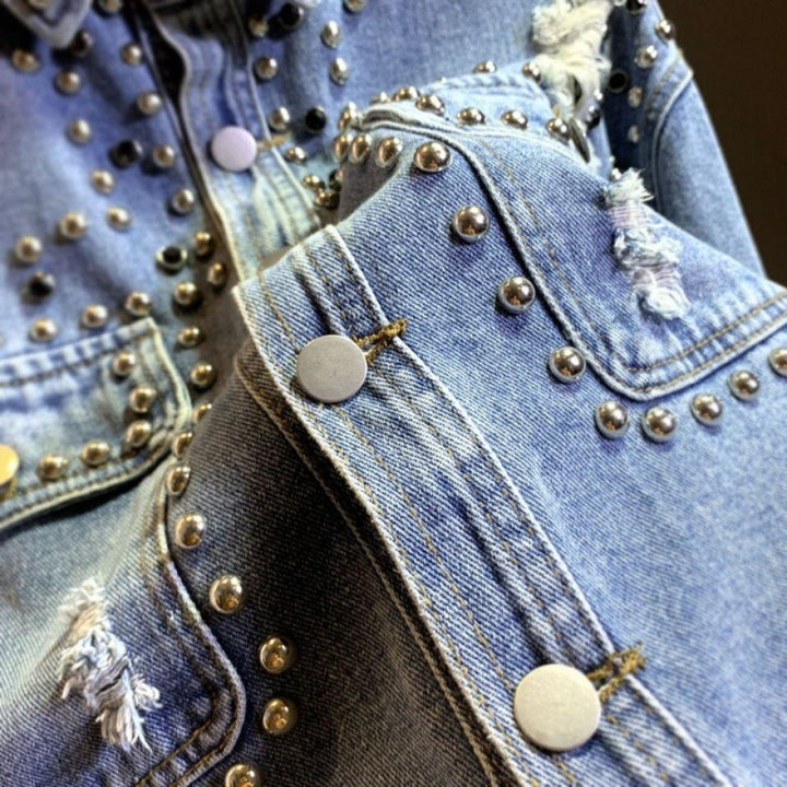 Chic Women's Distressed Denim Jacket with Stylish Waist Shirt