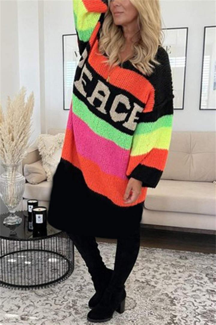 Color Block V-Neck Long Sleeve Sweater Dress for Women