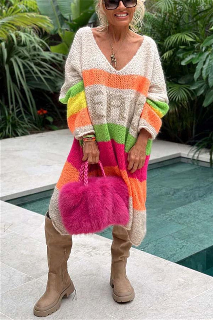 Color Block V-Neck Long Sleeve Sweater Dress for Women