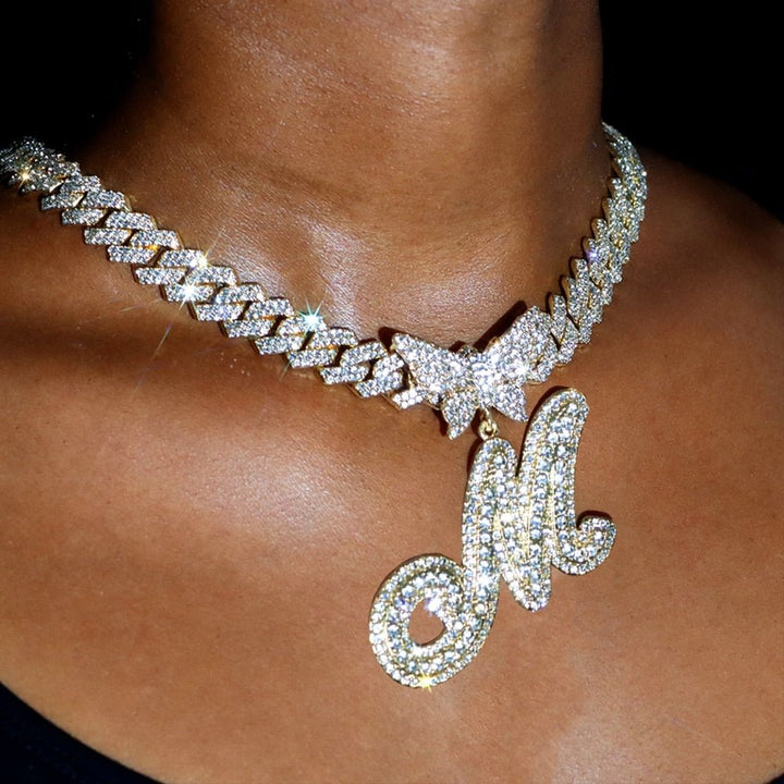 14mm Crystal Butterfly Cursive Letters Necklace Jewelry