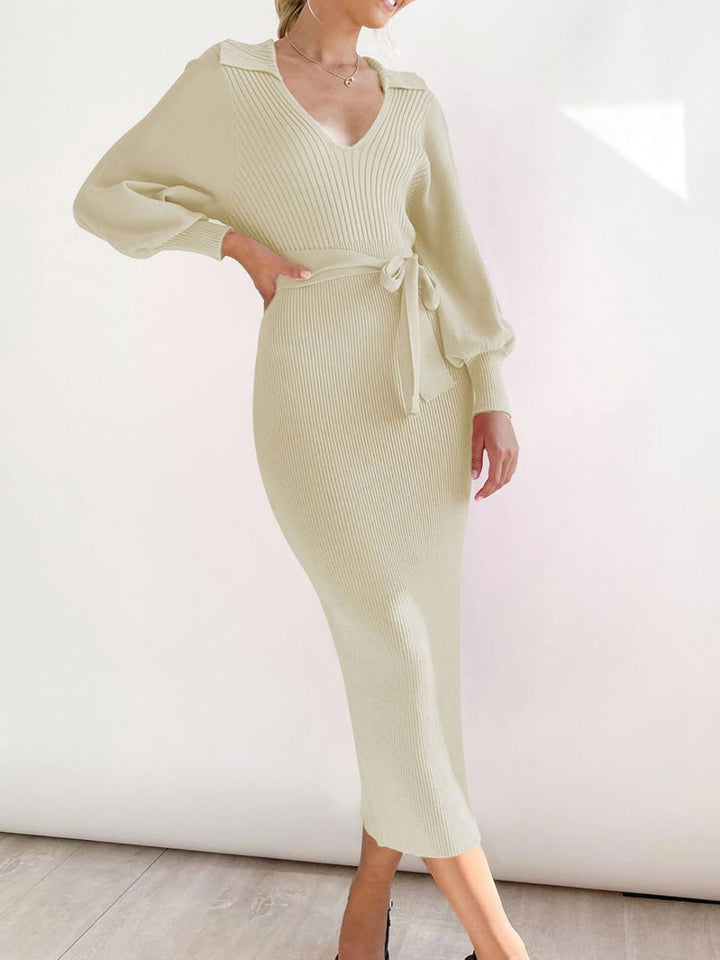 Perfee Tied Long Sleeve Wrap Sweater Dress for Women