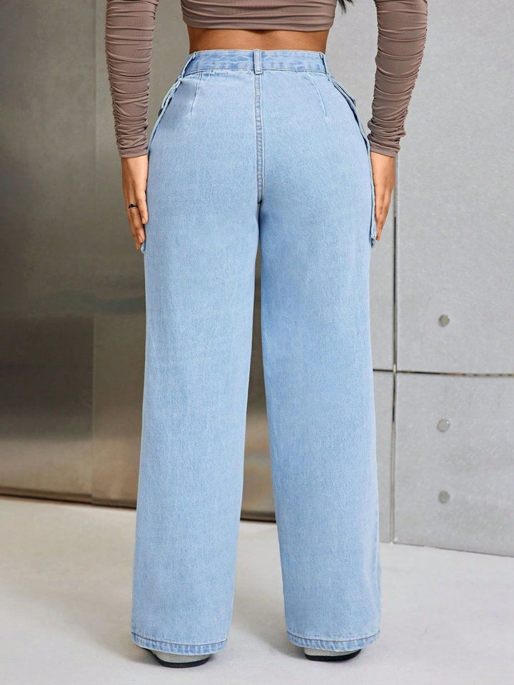 Chic Pocketed Wide Leg Denim Trousers for Stylish Comfort