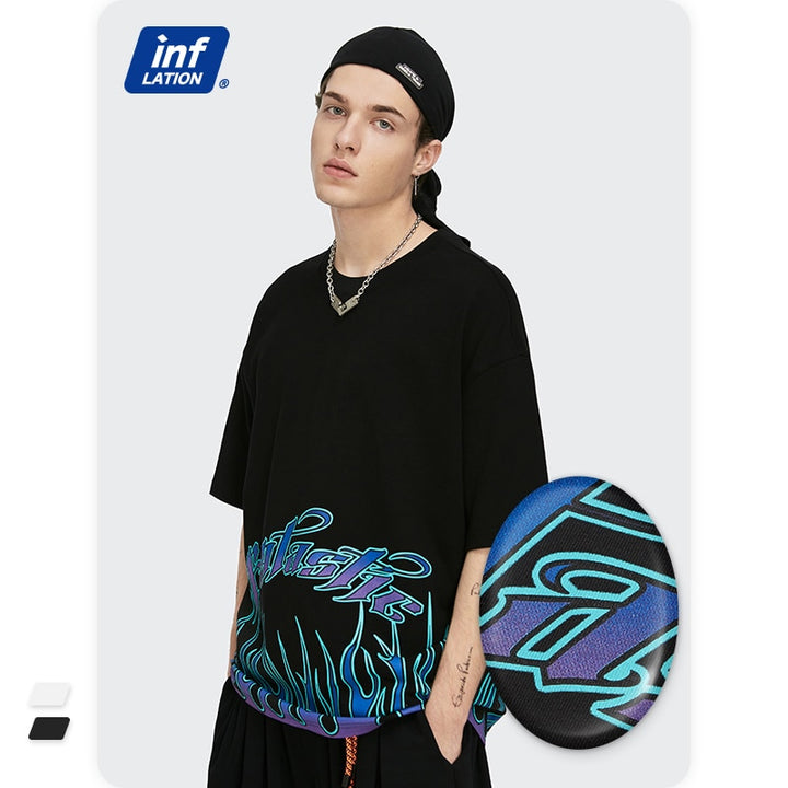 Men's Black Oversized Tee with Bold Flame Print Design