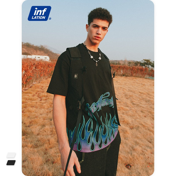 Men's Black Oversized Tee with Bold Flame Print Design