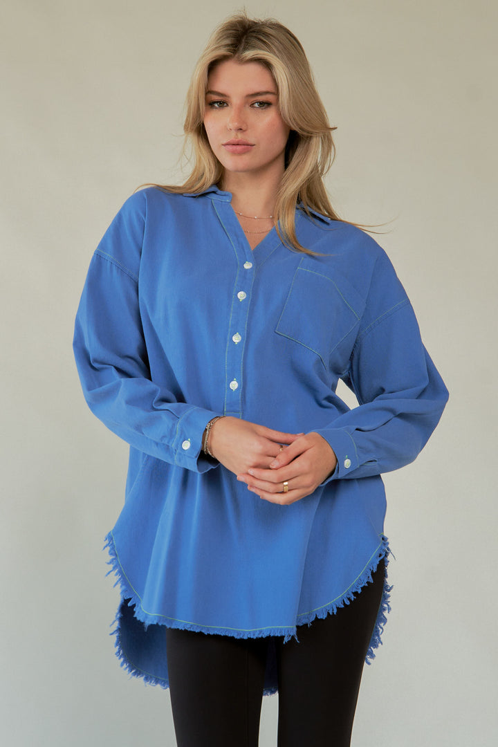 Davi & Dani Letter Back Raw Hem Half Button Shirt Style