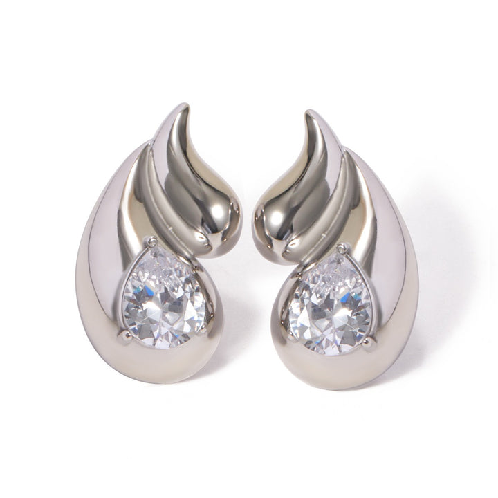 18k gold stainless steel white diamond earrings with double layered droplet shaped diamond inlaid earrings