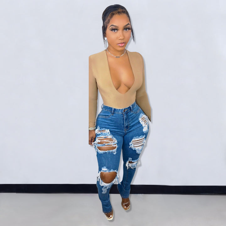 Trendy Women's Ripped Elastic Slit Skinny Jeans Spring Style