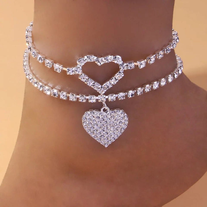 2Pcs/Set  Rhinestone Heart Anklets Foot Bracelet