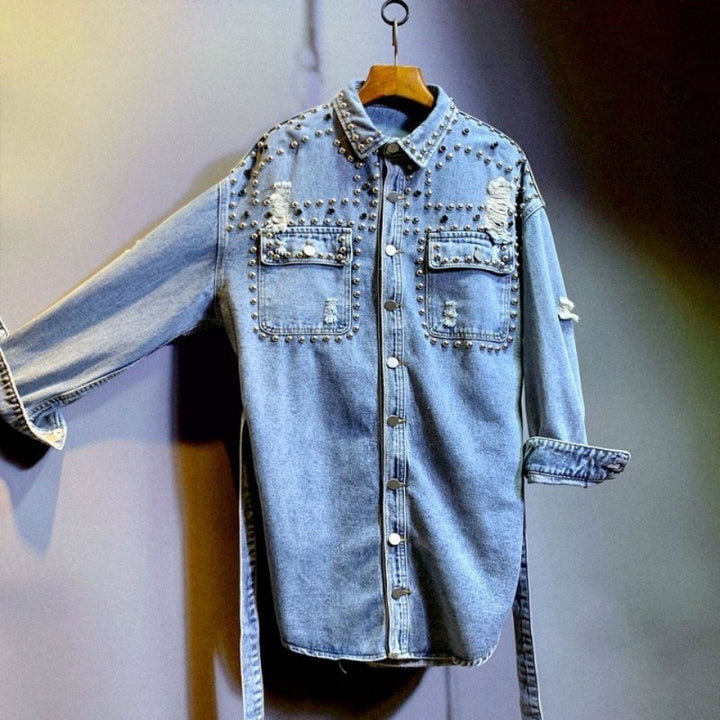 Chic Women's Distressed Denim Jacket with Stylish Waist Shirt