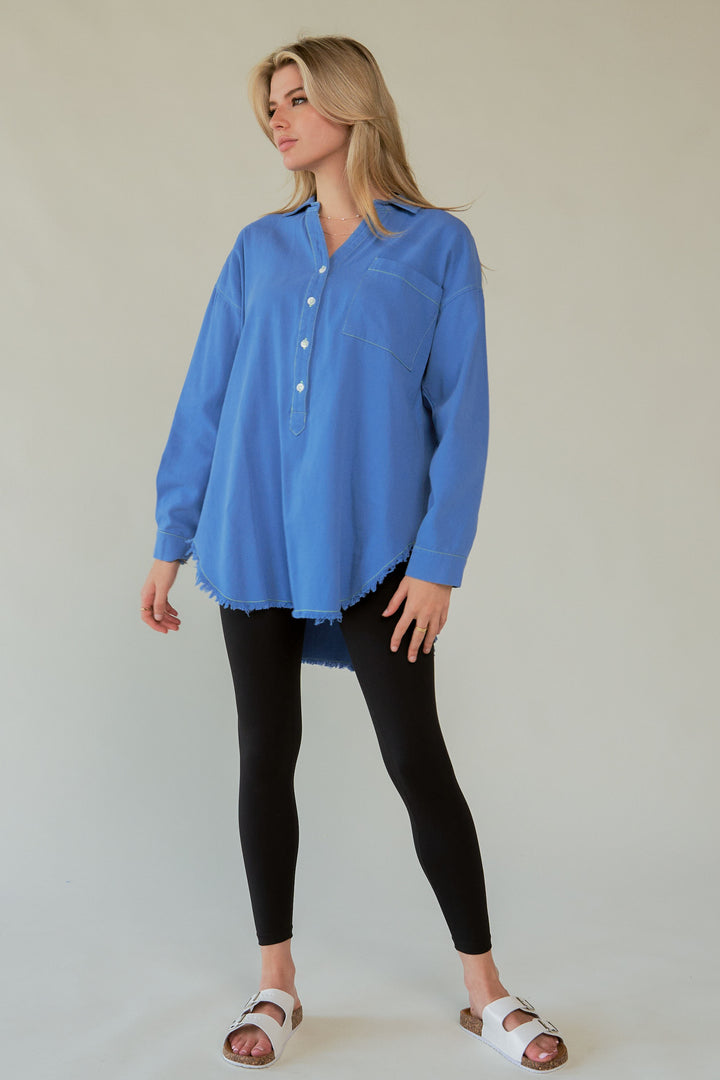 Davi & Dani Letter Back Raw Hem Half Button Shirt Style