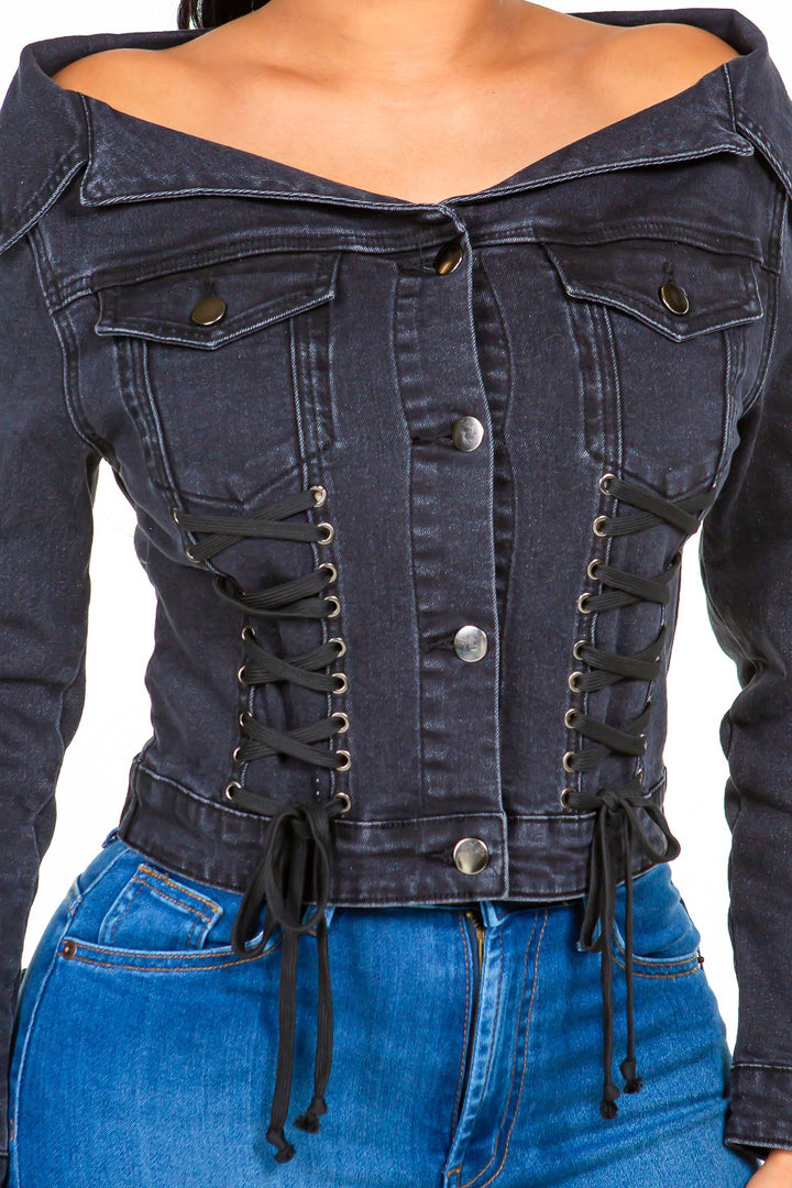 Stylish Off-Shoulder Lace-Up Denim Jacket for Fashion Lovers