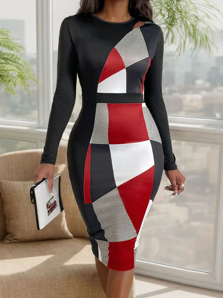 Perfee Cutout Color Block Round Neck Long Sleeve Dress for Women