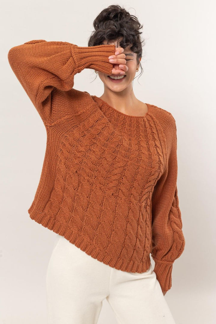 HYFVE Cable-Knit Round Neck Raglan Sleeve Sweater for Women