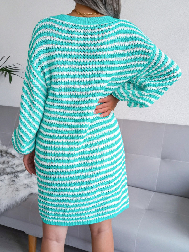 Striped V-Neck Long Sleeve Mini Sweater Dress for Women