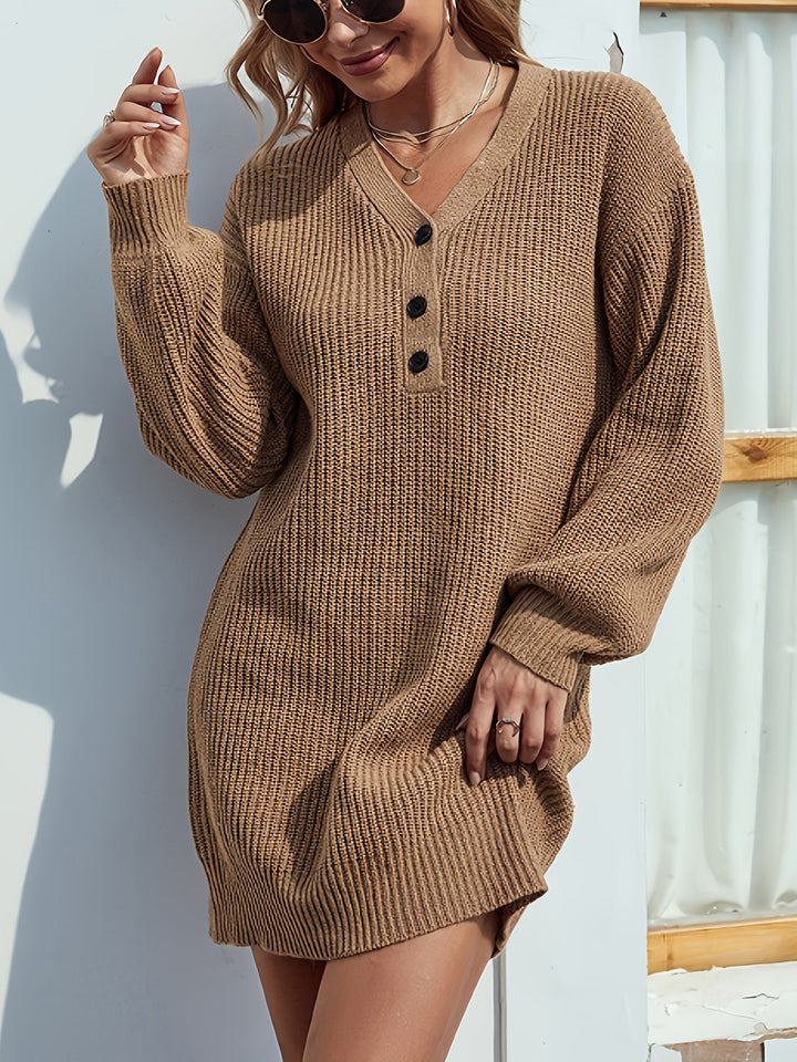 V-Neck Dropped Shoulder Mini Sweater Dress for Women