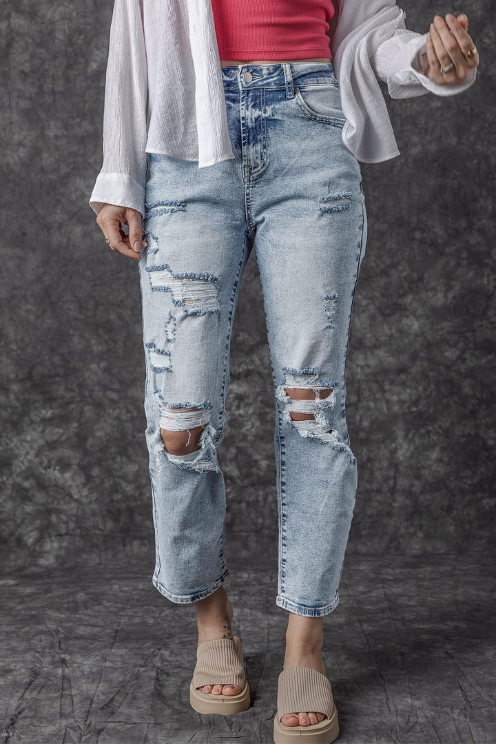 Chic High Waist Distressed Denim Pants for Trendy Style