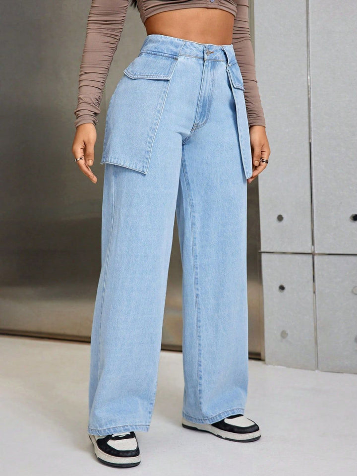Chic Pocketed Wide Leg Denim Trousers for Stylish Comfort