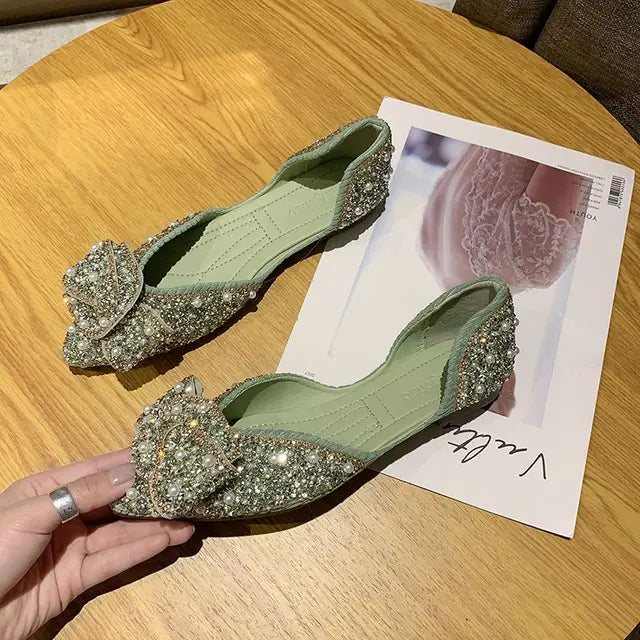 Sparkling Green Pointed Toe Flats with Rhinestones and Crystals - Women's Summer Pearl Footwear