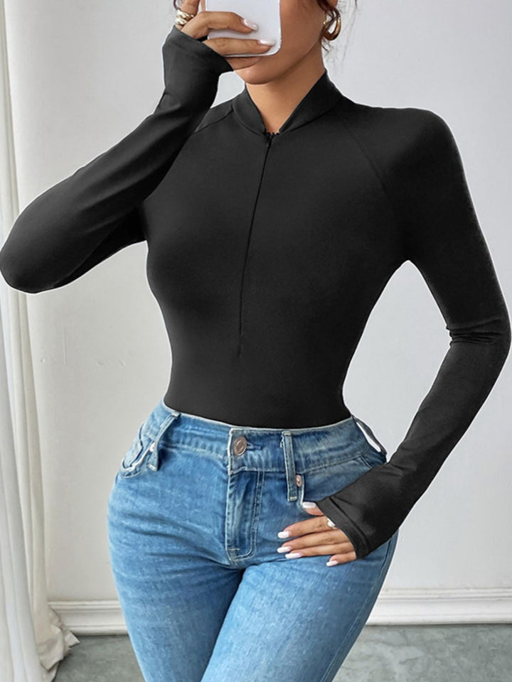 Perfee Half Zip Long Sleeve Bodysuit for Women Fashion
