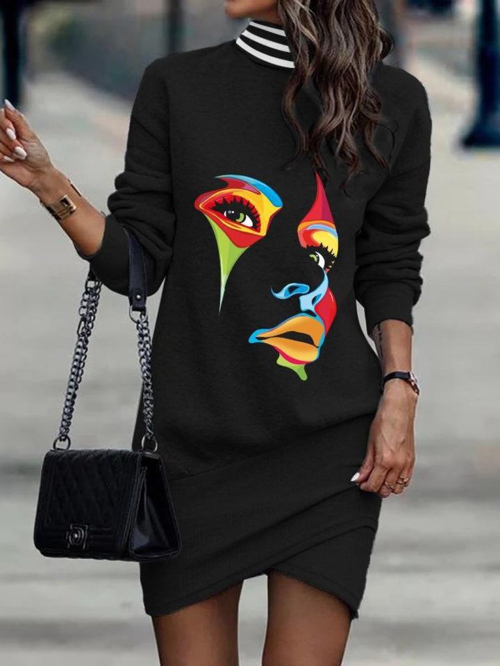 Printed Turtleneck Long Sleeve Mini Dress for Chic Style