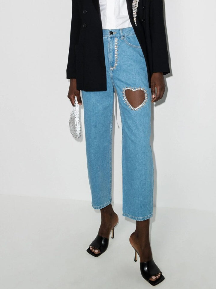 Heart-Shaped Diamond Hollow Out Loose Fit Ankle Jeans