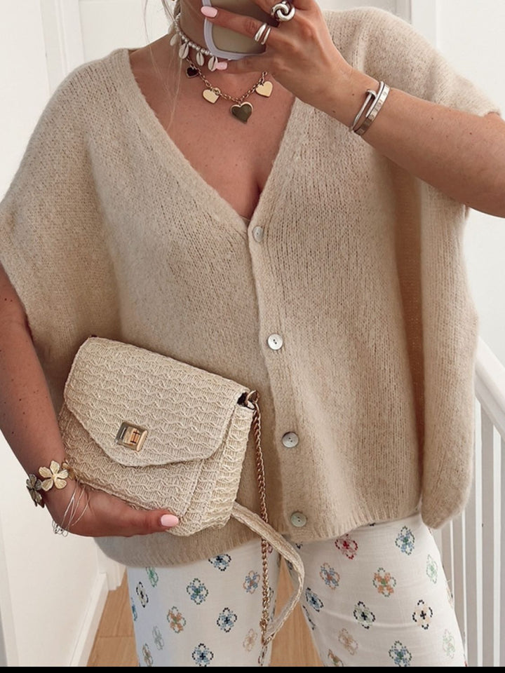 V-Neck Button Up Short Sleeve Cardigan for Stylish Comfort
