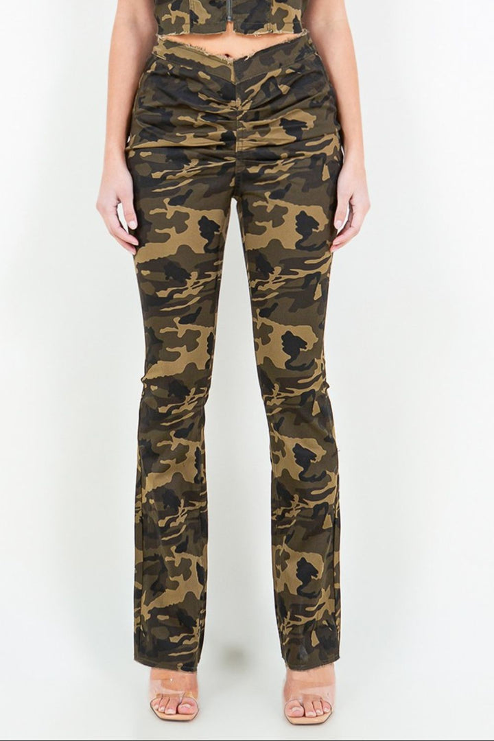 Camo Flare Pants with V-Cut and Ruched Detail Fashionable