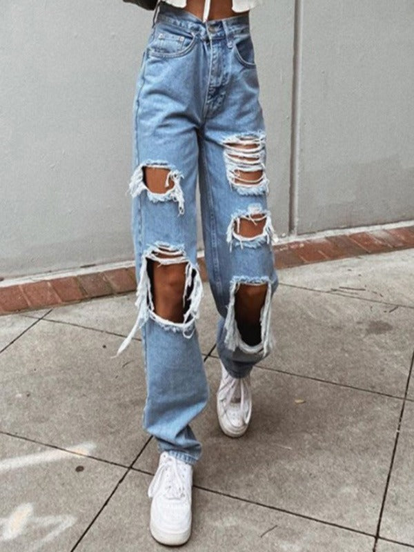 Vintage High Waist Distressed Wide Leg Denim Jeans for Women