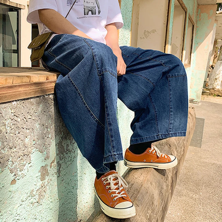 Men's Relaxed Fit Ankle-Cut Wide Leg Denim Pants for Style
