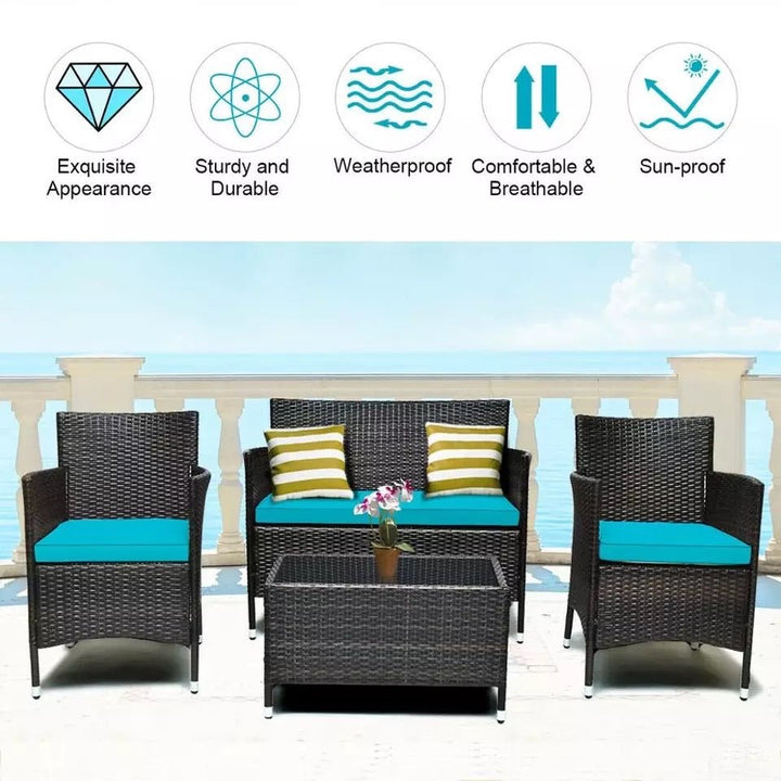 4PCS Rattan Patio Furniture Set Cushioned Sofa Chair Coffee TableTurquoise - Ruth Envision