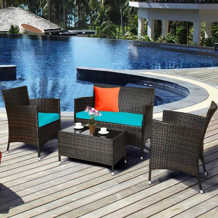 4PCS Rattan Patio Furniture Set Cushioned Sofa Chair Coffee TableTurquoise - Ruth Envision