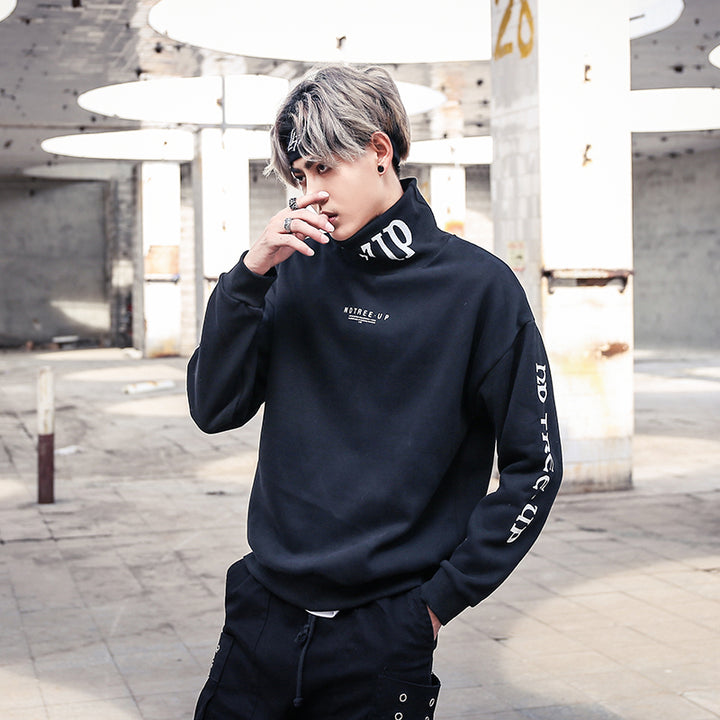 Trendy Urban Men's Turtleneck Hoodies with Bold Letter Graphics