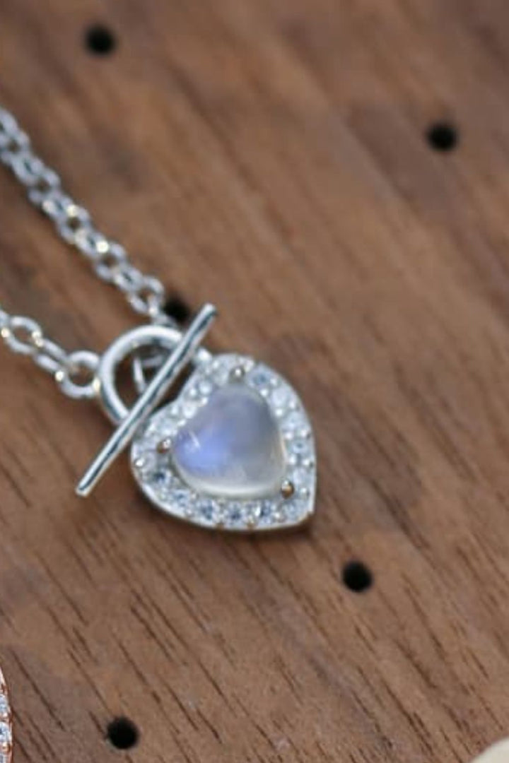Moonstone Heart Lock Pendant Necklace in Sterling Silver
