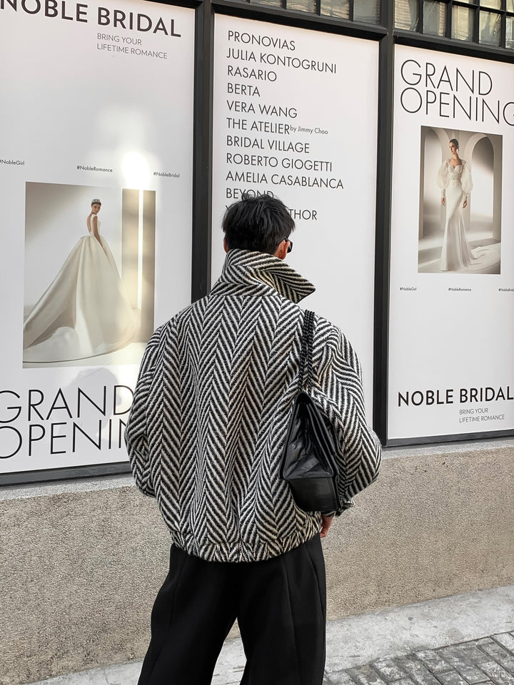 Men's Korean Plaid Wool Zip Jacket Trendy Casual Outerwear