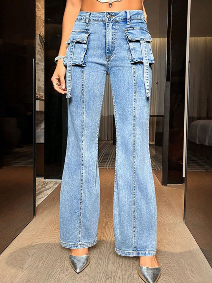 Mid Rise Straight Jeans with Cargo Pockets for Women