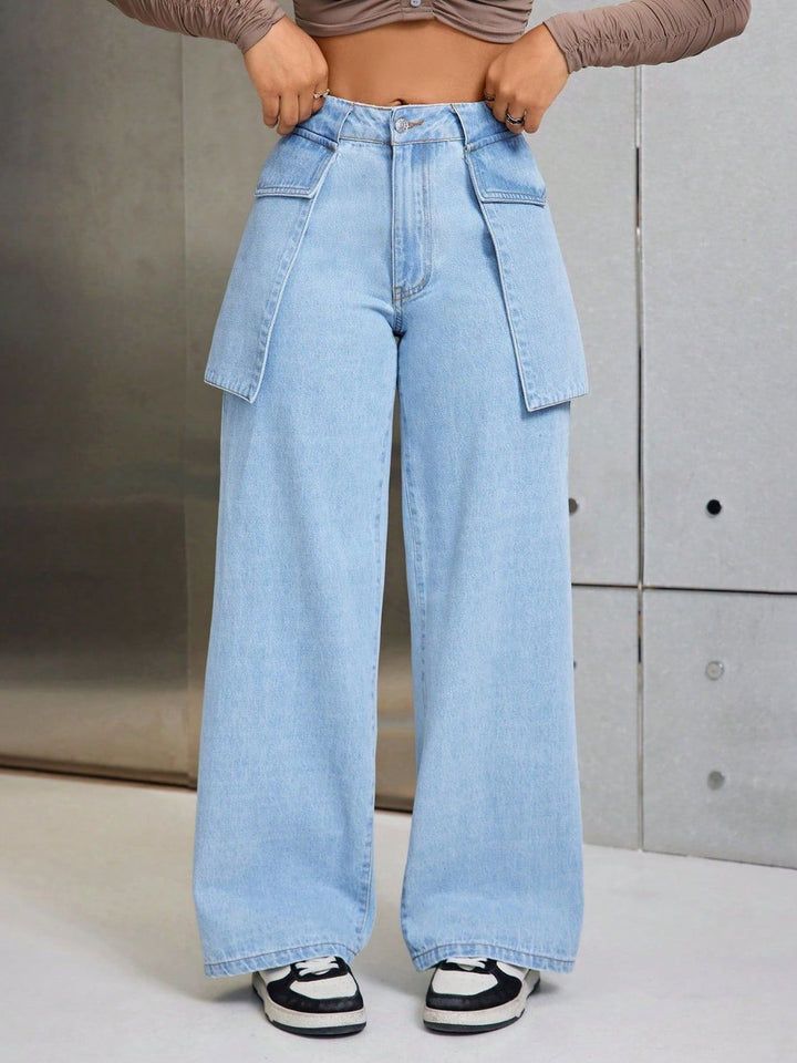 Chic Pocketed Wide Leg Denim Trousers for Stylish Comfort