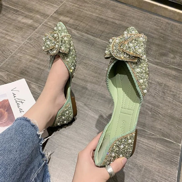 Sparkling Green Pointed Toe Flats with Rhinestones and Crystals - Women's Summer Pearl Footwear