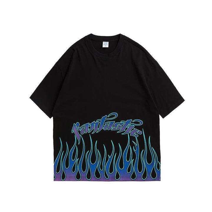 Men's Black Oversized Tee with Bold Flame Print Design
