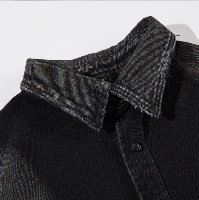 Retro Distressed Denim Relaxed Fit Short Sleeve Shirt Men