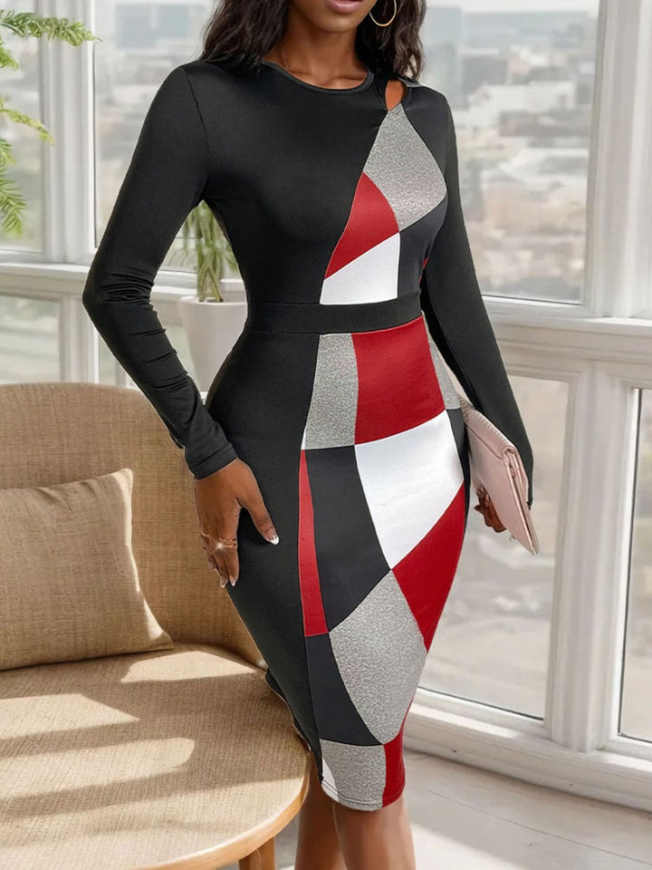 Perfee Cutout Color Block Round Neck Long Sleeve Dress for Women