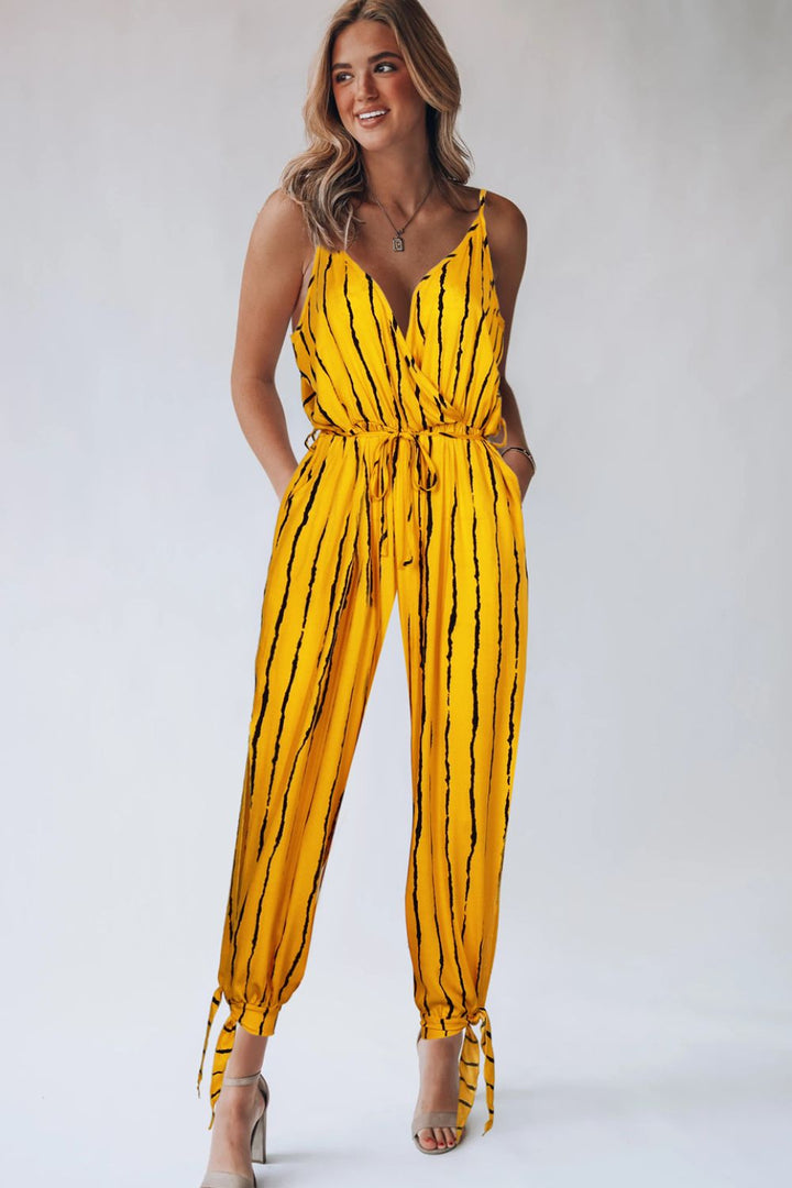 Striped Contrast Tie Ankle Spaghetti Strap Jumpsuit Casual