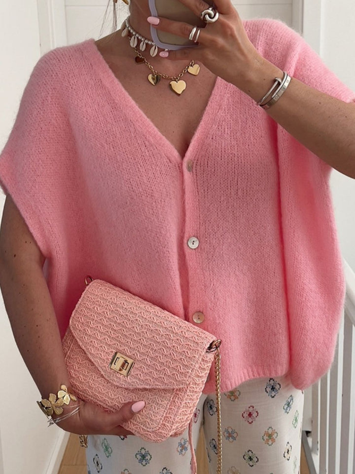 V-Neck Button Up Short Sleeve Cardigan for Stylish Comfort