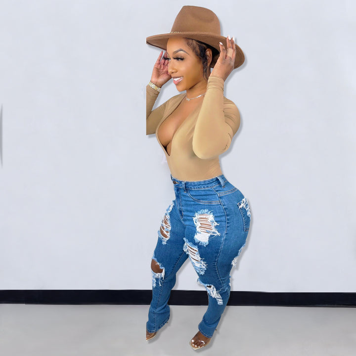 Trendy Women's Ripped Elastic Slit Skinny Jeans Spring Style