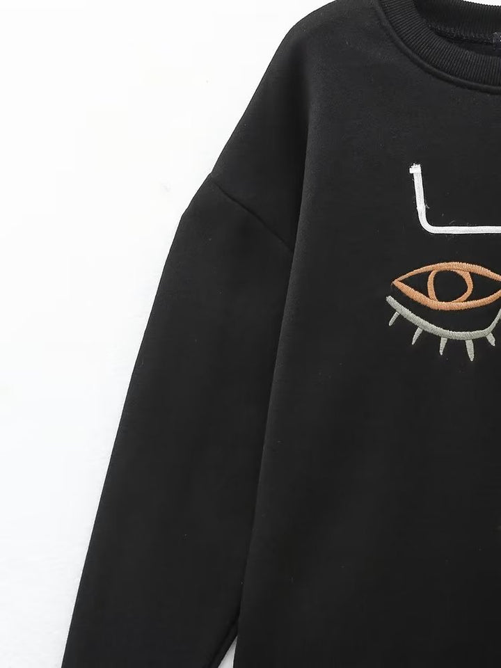 Chic Abstract Embroidered Fleece Hoodie for Women Zevity