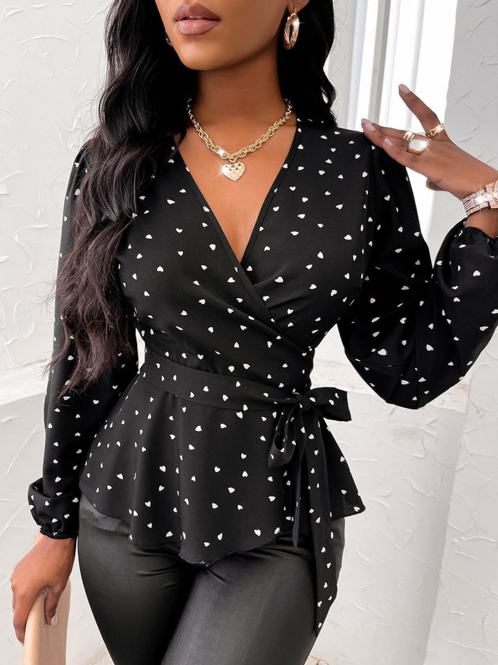 Heart Print Surplice Balloon Sleeve Blouse for Women