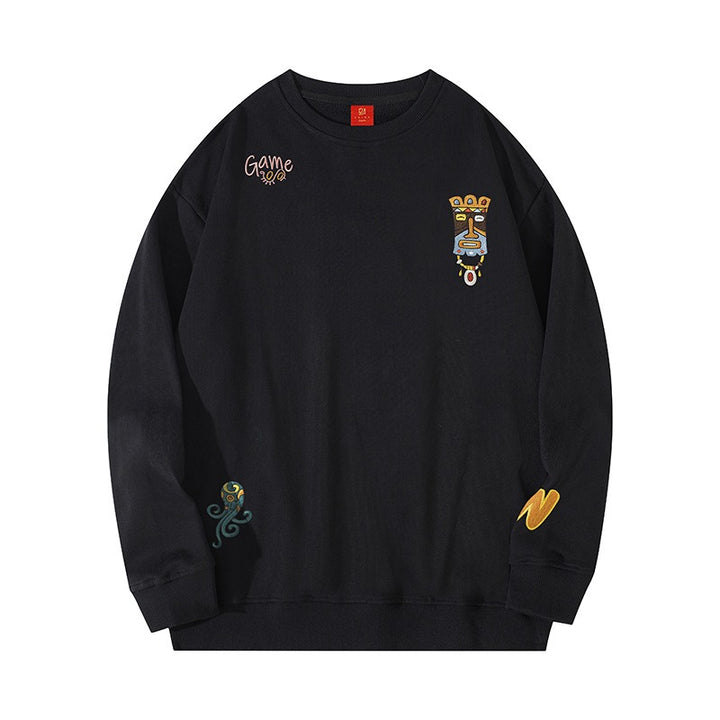 Cultural Charm Cartoon Embroidered Men's Long Sleeve Sweatshirt
